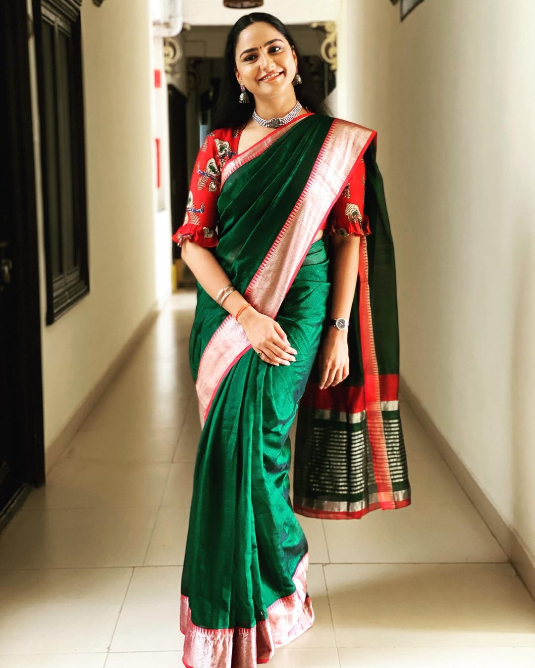 Telugu Tv Anchor Kasi Annapurna Stills in Green Saree